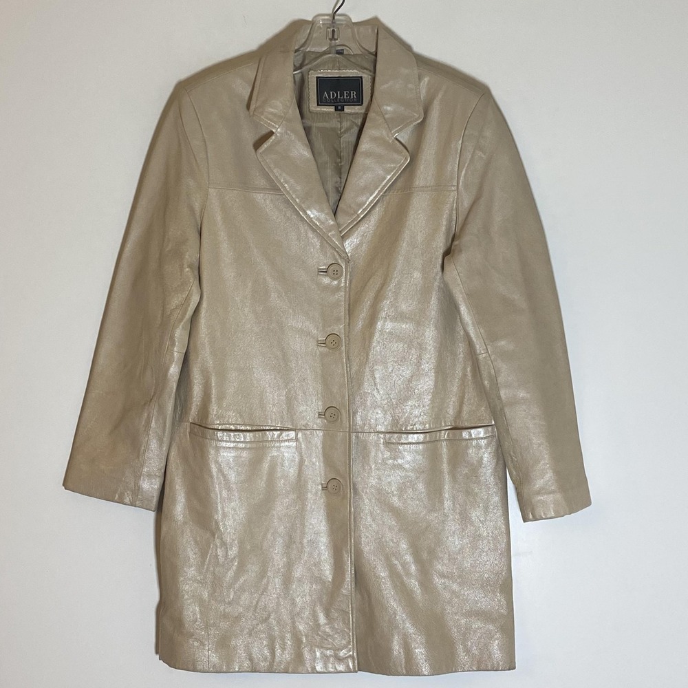 Adler Collection Leather Coat Womens Small Beige Overcoat Button Front Lined‎